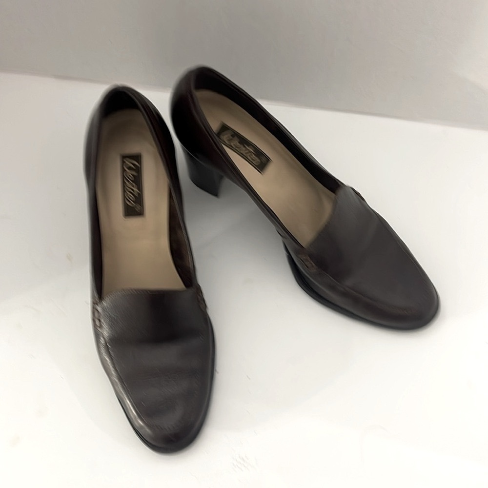 Westies Women's Brown Leather Loafers Chunky 3 Inch Heels Slip On